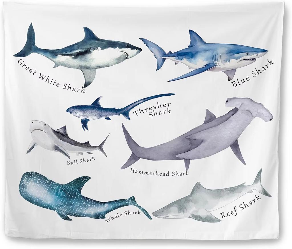 Educational Ocean Shark Tapestry, Coastal Beach Wall Hanging With Types Of Sharks For Kids Room Decor Gift
