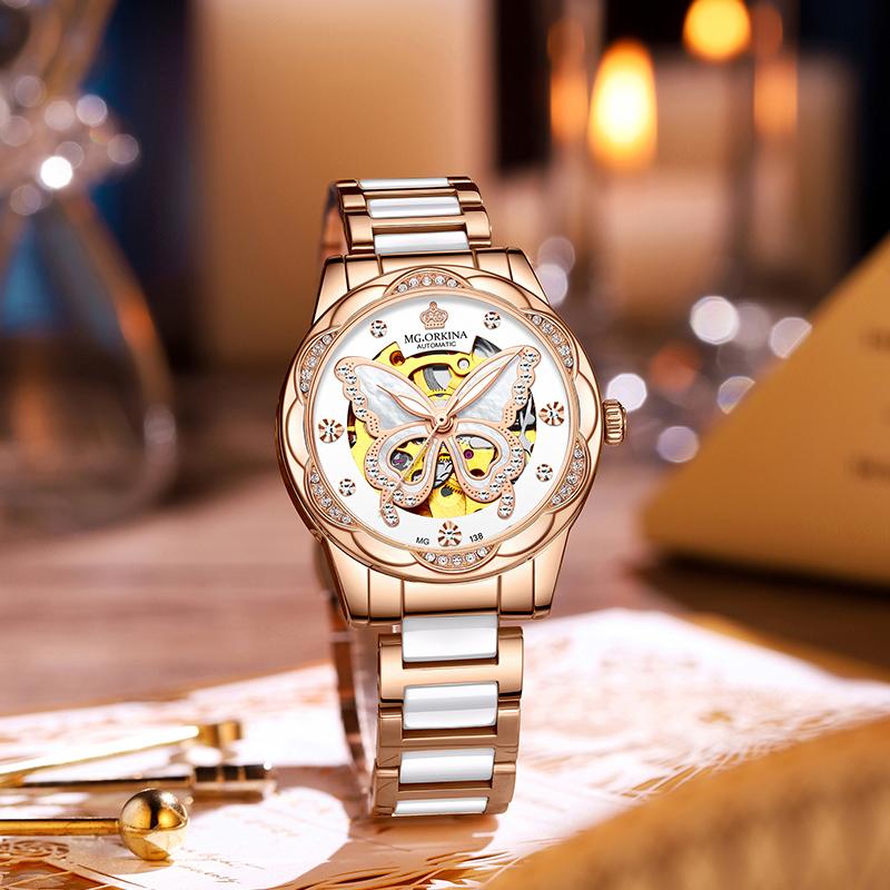 Fashion Women Mechanical Watch Waterproof Luxury Brand Ladies Automatic WristWatch Ceramic Hollow Clock