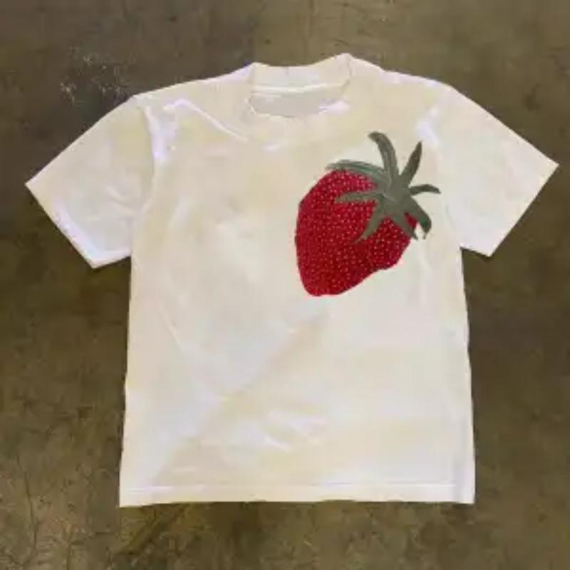 Damska koszulka z krótkim rękawem tie-dye z nadrukiem truskawki Luźny krój Codzienny top