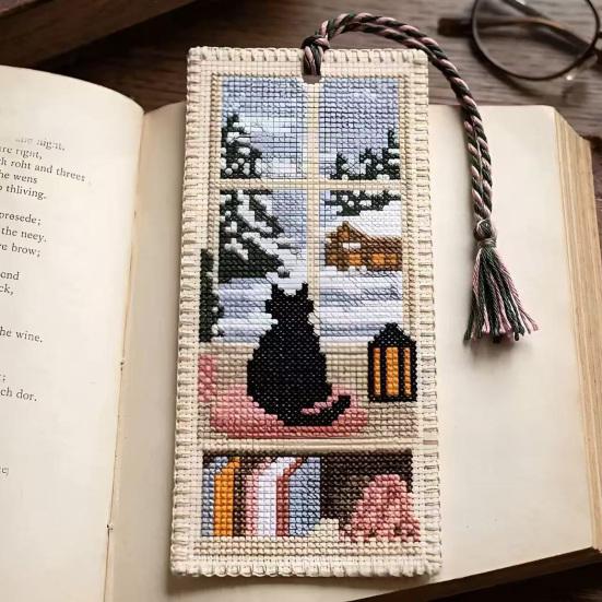 Seasonal Cat Cross-Stitch Bookmark, Four Seasons Black Cat Bookmark with Braided Rope, Handcrafted Book Page Marker for Book Lovers