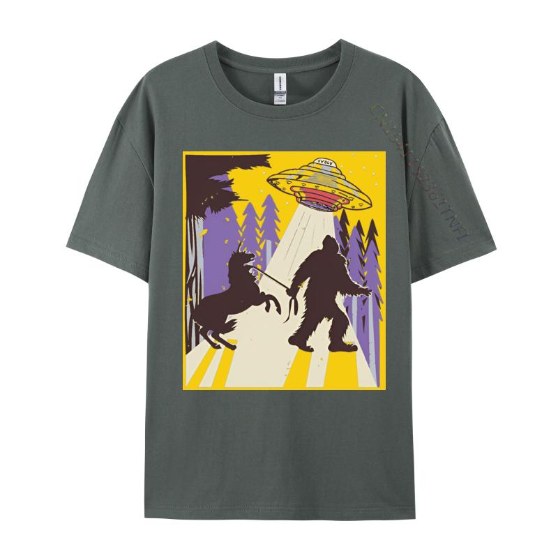 Men Clothing Bigfoot Leading A Unicorn And Ufo Tshirts Vintage Animal Tshirt Printed Tshirt Tops Tees