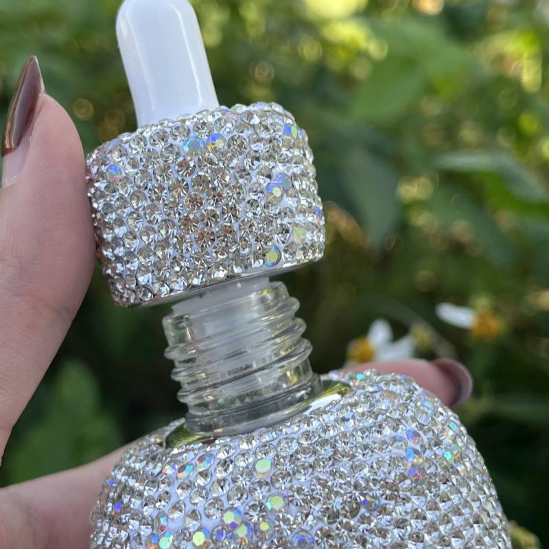 Skleněná lahvička s kapátkem s diamanty – 30ml luxusní nádobka na esenciální oleje na parfémy a péči o pleť
