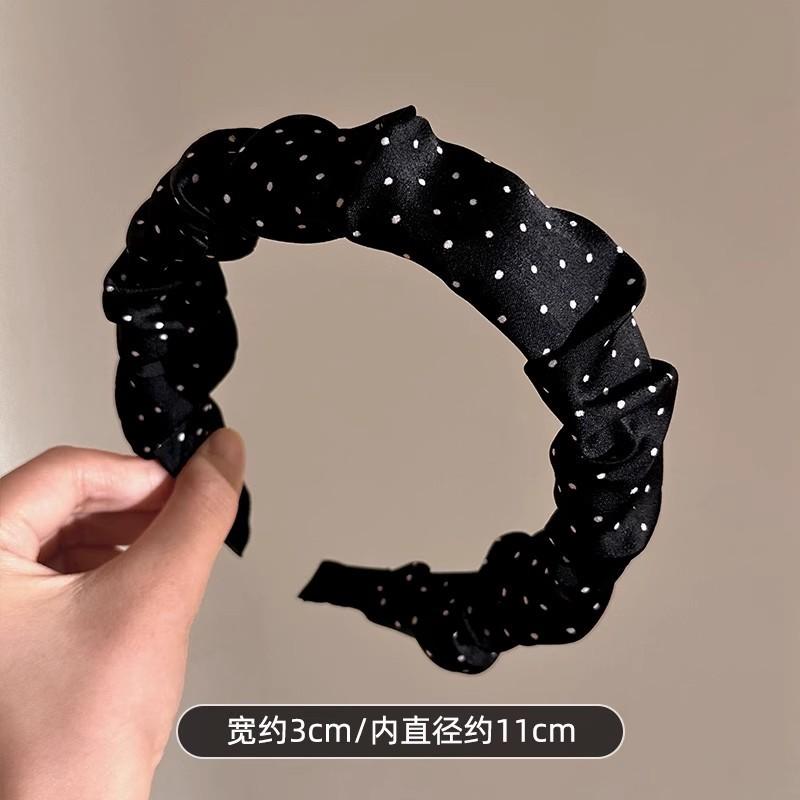 

Korean Wide Headband Women Polka Dot Ruffle Satin Hair Band Non Slip Grip High Crown Lift Volumizing Hair Accessories 2025 чёрный