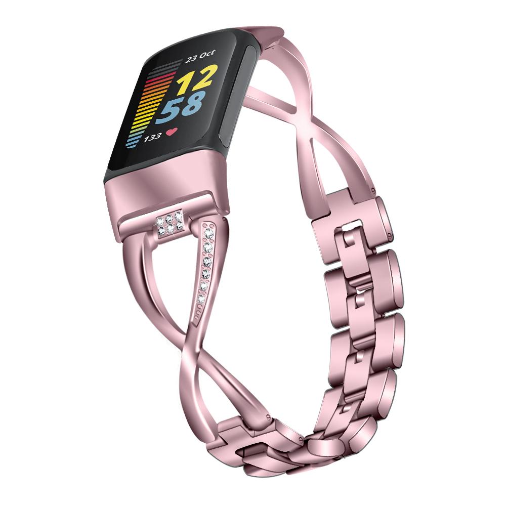 

For Fitbit Charge 3/4 Universal Watch Strap Metal Watch Band with Decoration for Girls Pink
