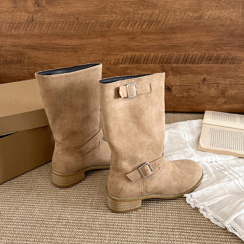 Winter Street Style Gürtelschnalle Damen Ritterstiefel Elegant Niedrig Absatz Schuhe Damen Slipper Mid-Calf Stiefeletten De Muje