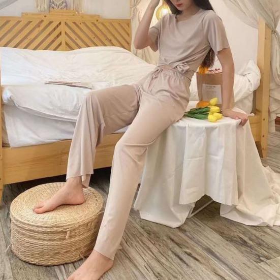 Casual Ice Silk Pajama Set with Round Neck T-shirt and Wide Leg Trousers