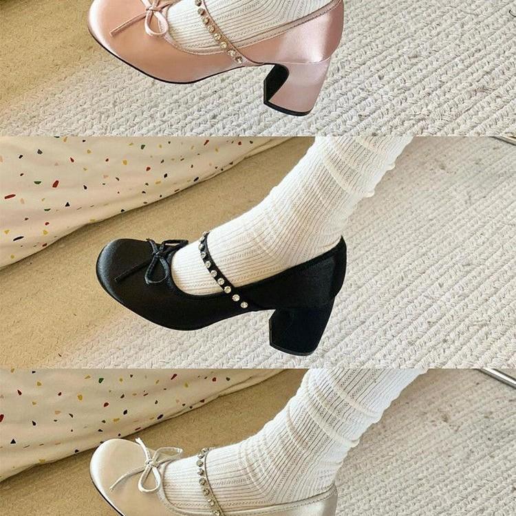 Bow rhinestone single shoes spring and autumn new daily girl style versatile word belt Mary Jane shoes