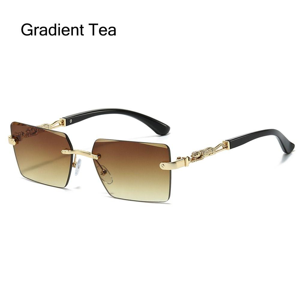 New Fashion Rimless Square Sunglasses Cut Edge UV400 Leopard Decorative Shades Gradient Lens Sun Glasses for Women & Men