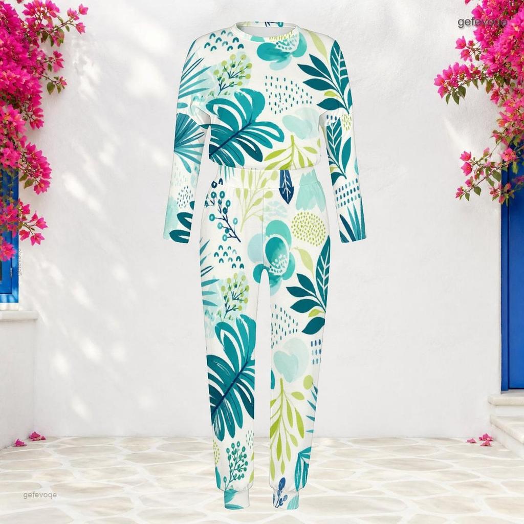 Women Plus Size White Teal Printed Round Neck Long Sleeve Cuffed Top And Cuffed Pants Two Piece Set