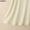 VONDA Elegant Women Round Neck Long Sleeve Side Ruffled Casual A-line Dress