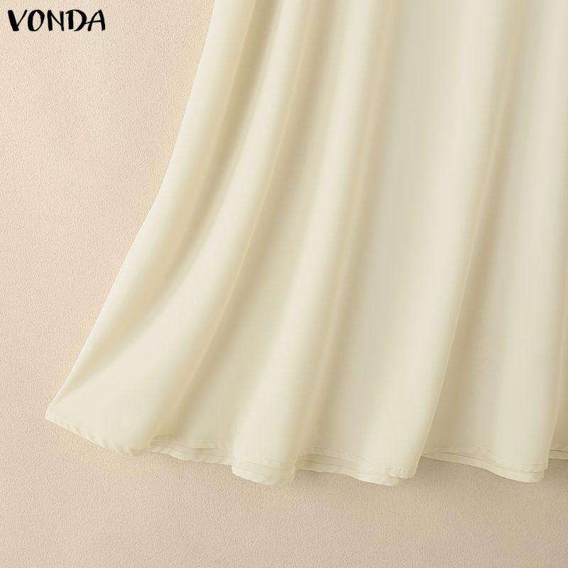 VONDA Elegant Women Round Neck Long Sleeve Side Ruffled Casual A-line Dress