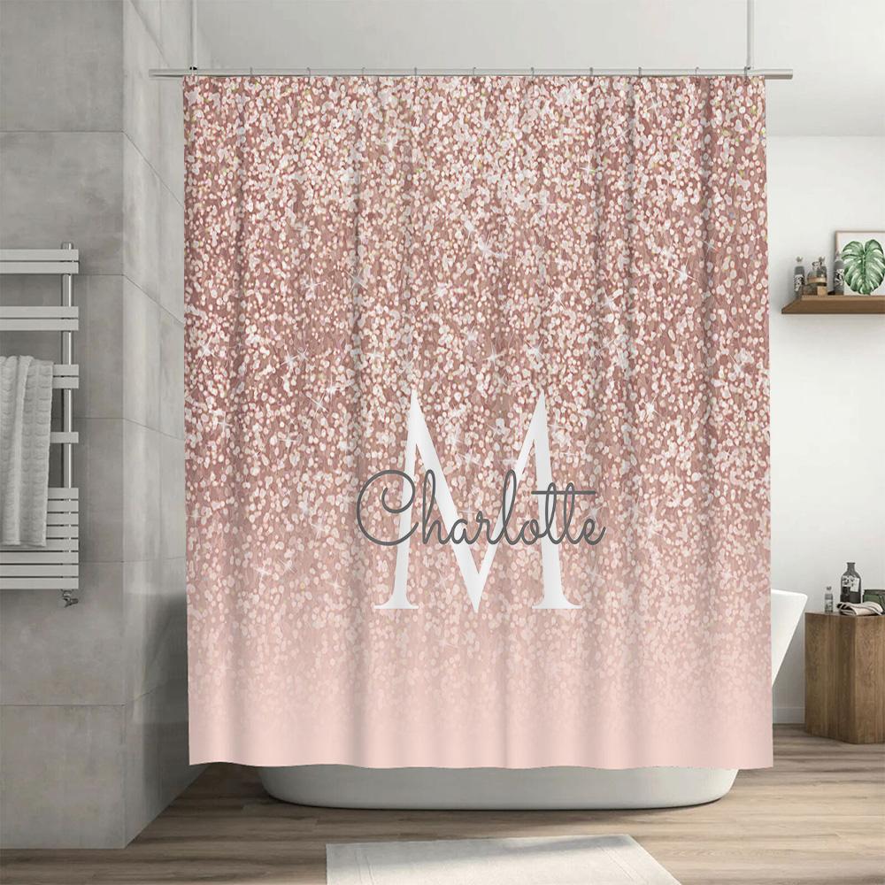Name Letter Monogram Shower Curtain For Bathroom Decor Pink Glitter Sparkle Design With White Font Initials Customi