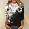 3/4 Length Sleeve Womens Tops Casual Loose Fit Lace V-neck T Shirts Cute Retro Floral Print Three Quarter Length Tunic Tops