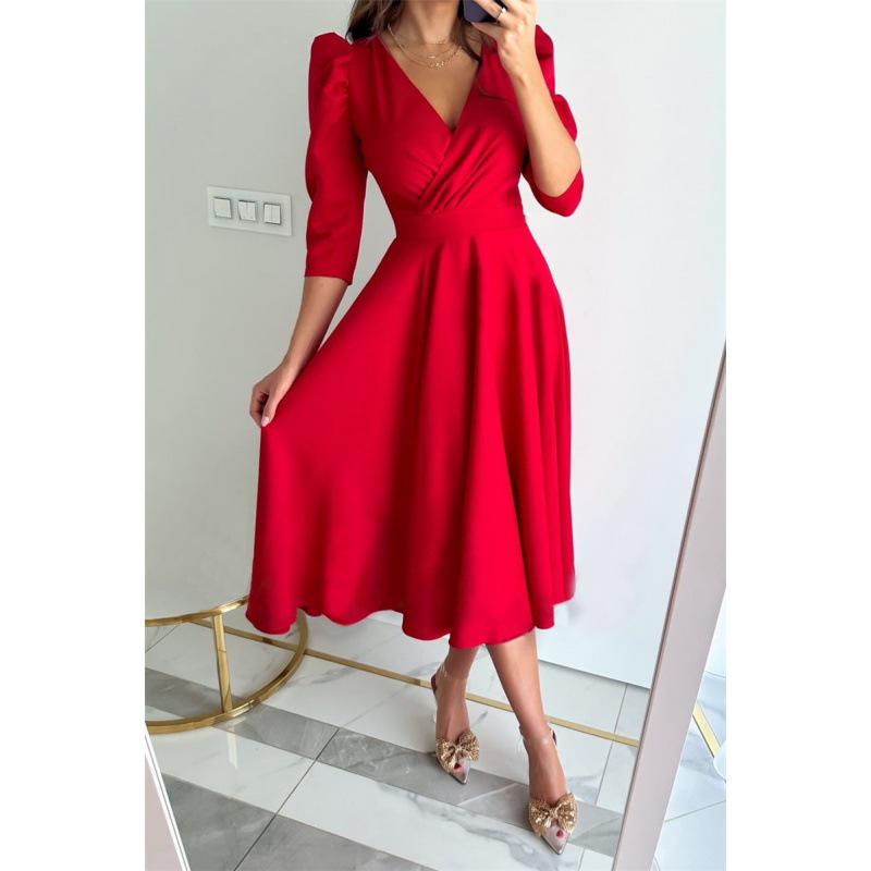 Autumn V-neck Waist-Cinching Bubble Sleeve Swing Dress