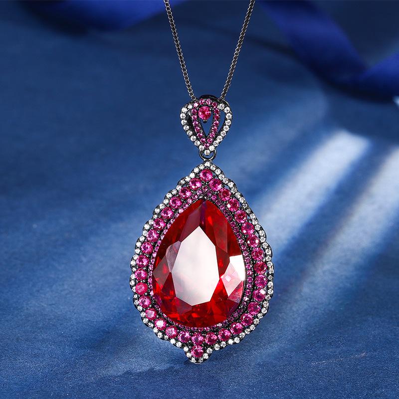Jewelry Copper Bottom Gold-Plated Simulation Red Corundum Large Water Drop Black Gold Pendant Necklace Main Stone 18 * 25