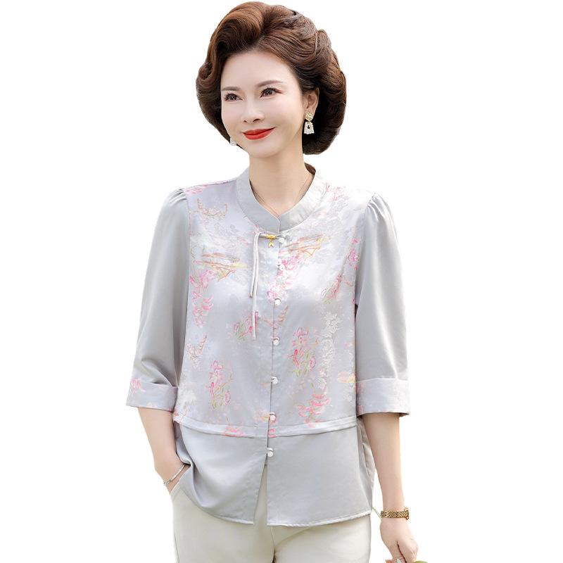

Middle-aged Women s Summer Seven-sleeve Imitation Silk Chinese Style Shirt 2025 2XL for 100-115 lbs серебряный серый