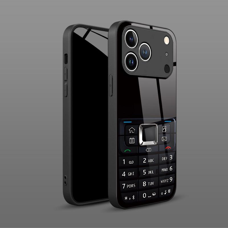 Classic Black Button Phone Design HD Glass Phone Case for iPhone 17 16 15 14 13 12Pro 11 11Pro Premium Luxurious Black
