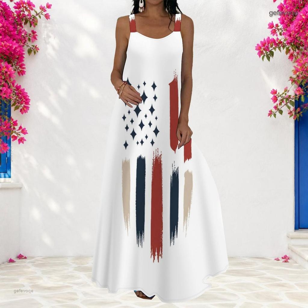 Women Plus Size Scoop Neck Strappy Sleeveless American Flag Printed A Line Long Dress
