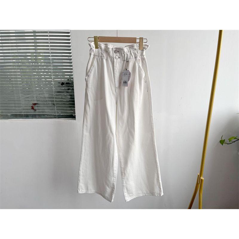 

Slightly Flaw Pure Color Spring and Autumn Plaid Elastic Waist Denim Female Fashion Loose and Slimming Casual Flab Hiding Pants Y6 White. S