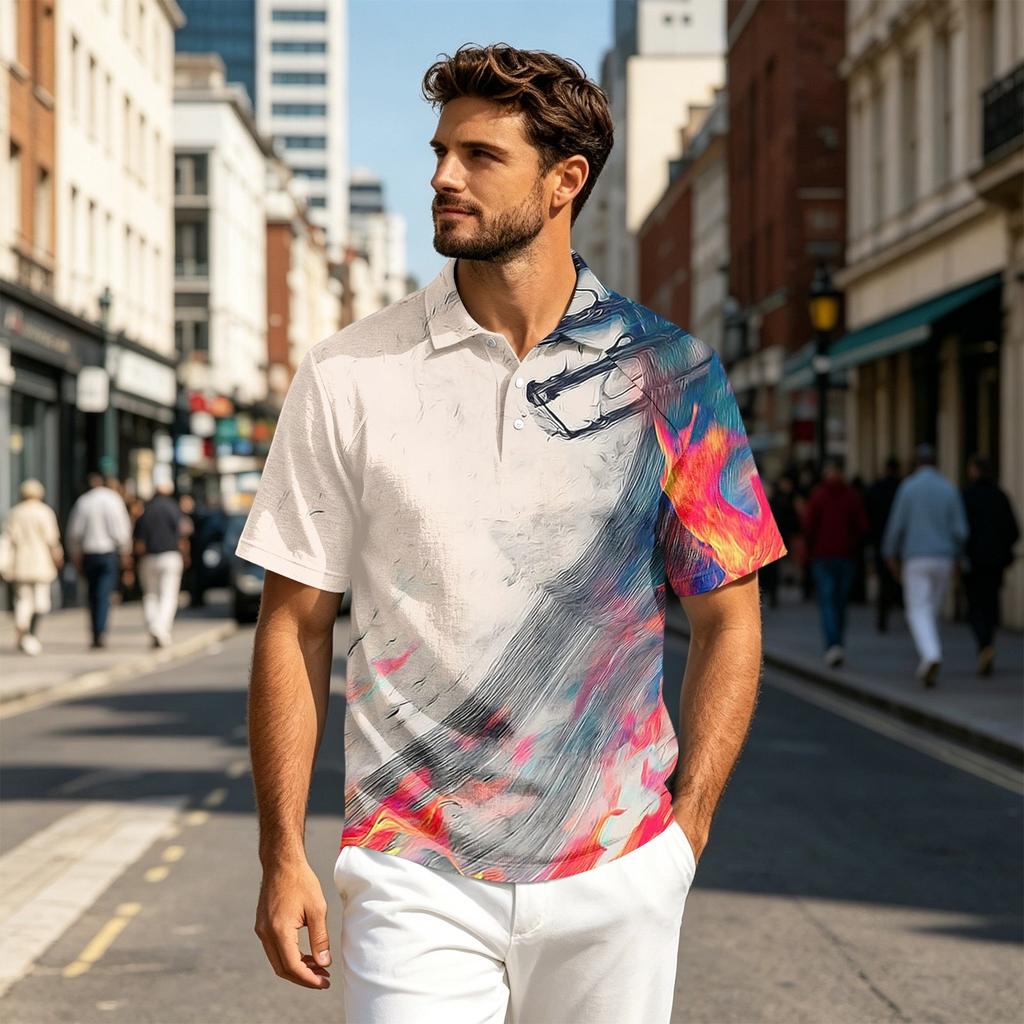 Men Short Sleeve Polo Shirt Lightweight Cotton Linen Breathable Gradient Print Casual Lapel Top for Summer Outfits