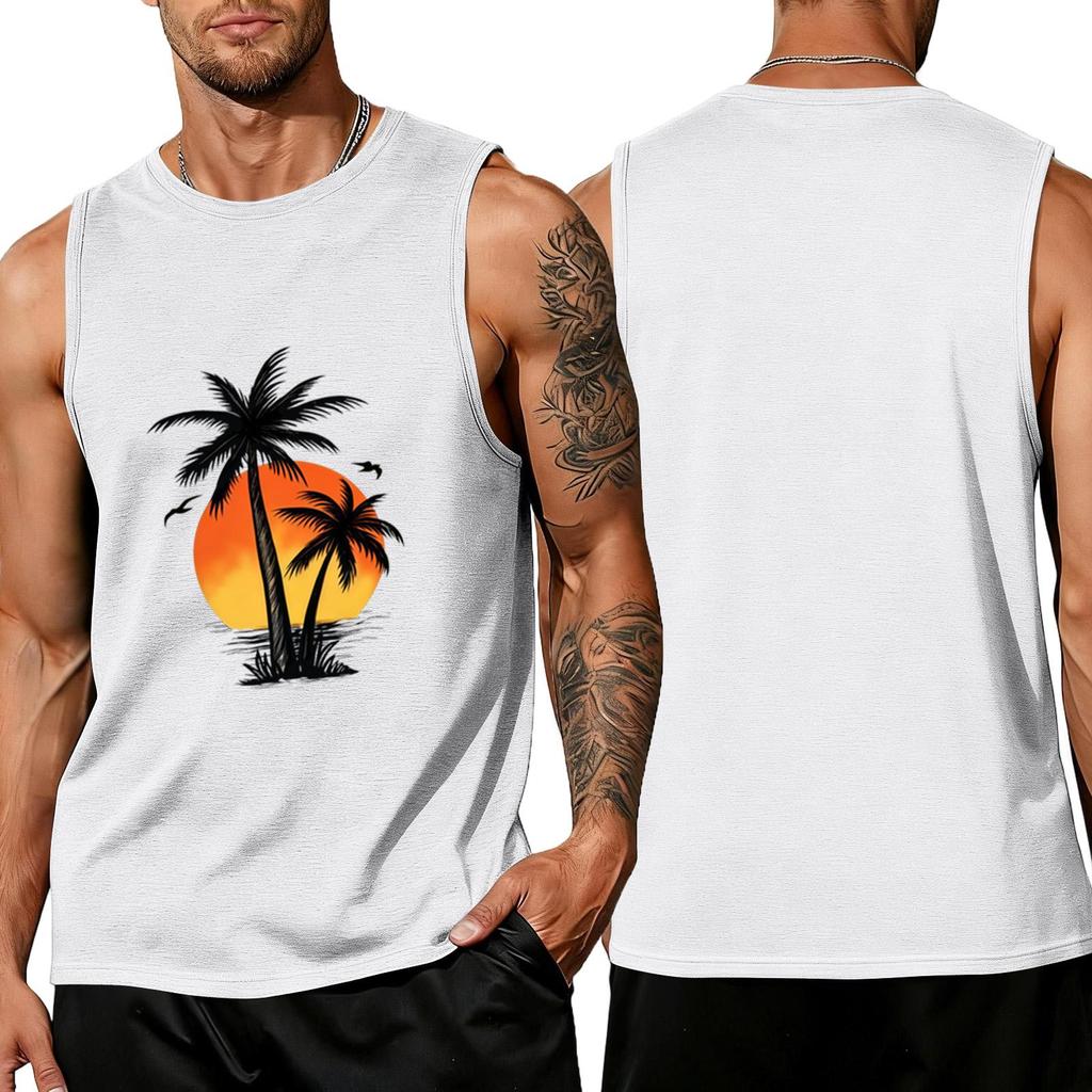 Men Sleeveless Crew Neck Tank Top with Tree and Print Relaxed Fit Casual Shirt for Summer Outdoor Use