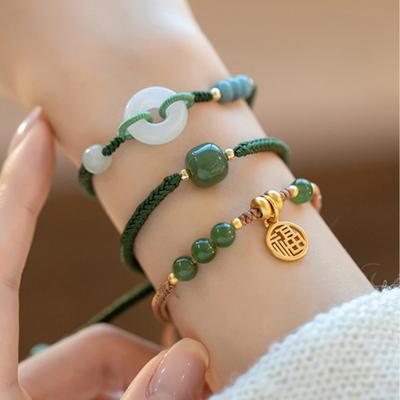 Round/Chinese Character Natural Hetian Jade Lucky Charm Woven Braided Bracelets For Women Girls Fine Jewelry