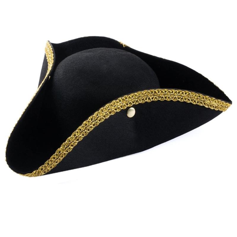 Black Pirate Hat Colonial Tricorn Hat with Gold Trimming White Cuffs Apron Set Halloween Costume Hat Funny Party Hat