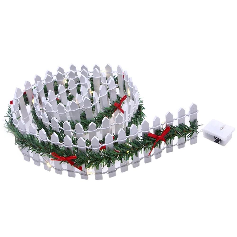 Miniature Wooden Fence for Dollhouse Fairy Garden, Christmas Decor with LED Light, Rattan Landscaping Diorama Scenery Prop