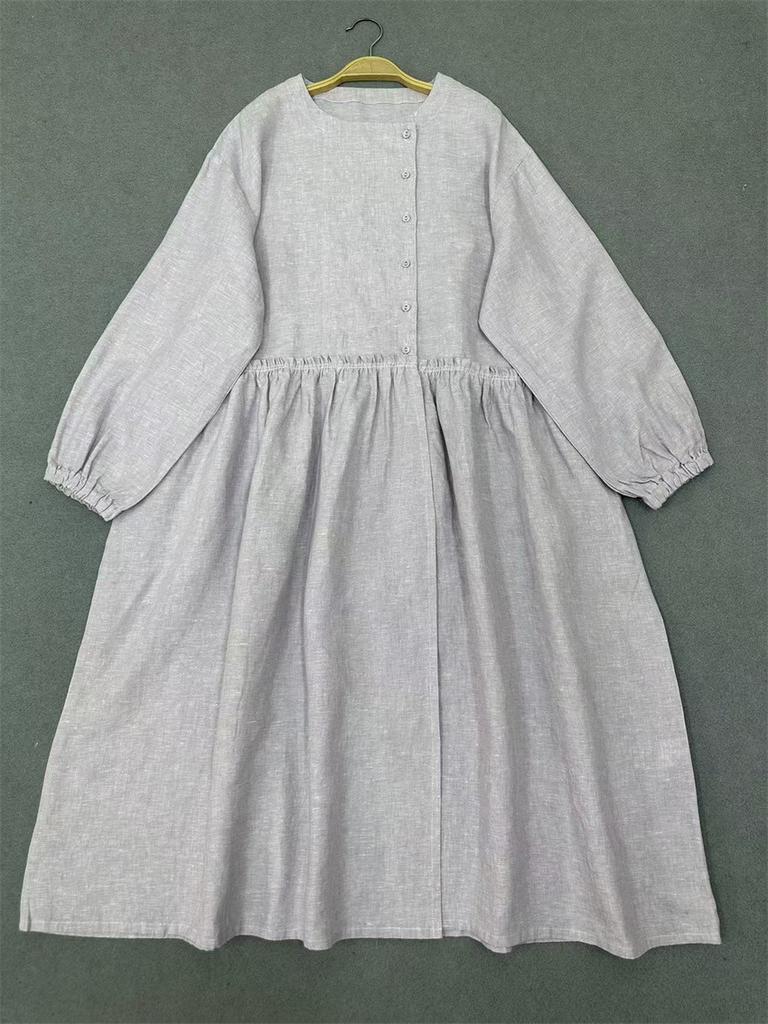 Johnature Spring Autumn Round Neck Ruffled Dress For Women Loose Casual Vintage Dress For Women