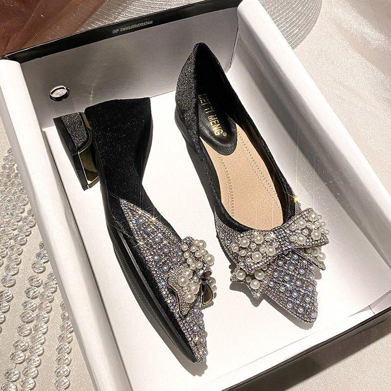 Women's Summer Footwear Pearl Square Heels Shoes for Woman 2024 Pointed Toe Diamond Low Heel Elegant with Crystals Rhinestone E