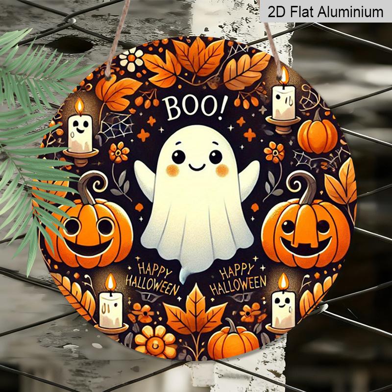 2D Flat, 1pc Vintage Metal Spooky Halloween Wall Sign - Round Aluminum Wall Hanging Decor with Ghosts, Pumpkins, Bats & Cobwebs - Featherless