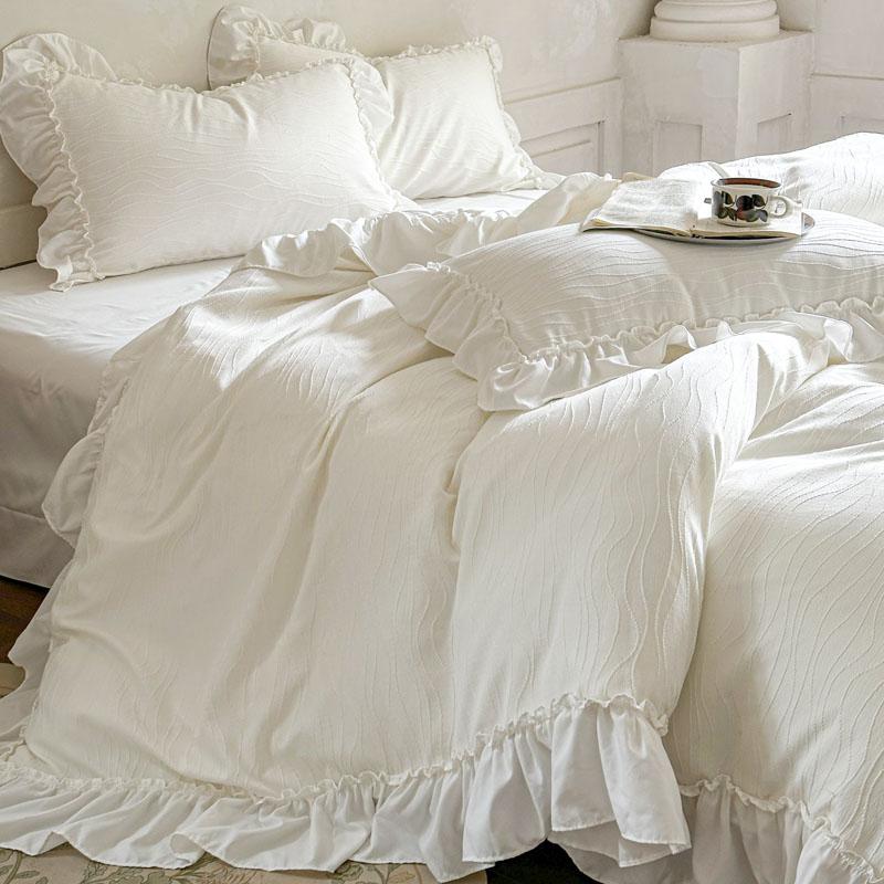 French Princess Style Lace Ruffles Wedding Bedding Set Washed Cotton Soft Duvet Cover Bed Sheet/Fitted Sheet Pillowcases 4Pcs