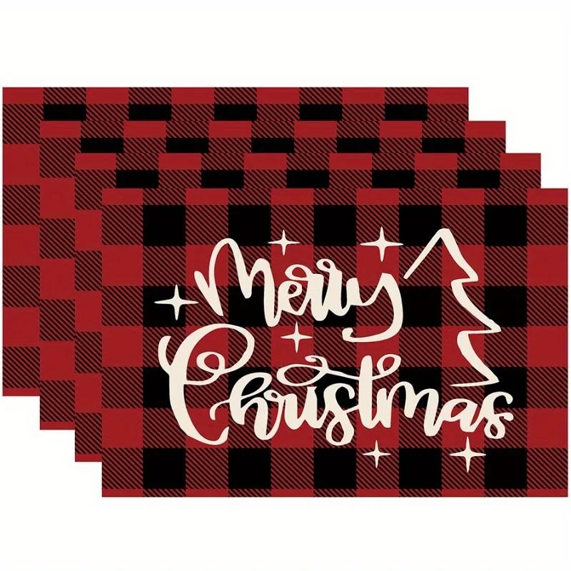 1PC Christmas Linen Meal Mats with Red and Black Desk Mat Vintage Table Pad Atmospheric Decoration Kitchen Tables