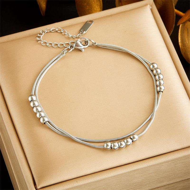 Gold Plated Stainless Steel Double Layer Snake Chain Beaded Bracelet for Women серебряный
