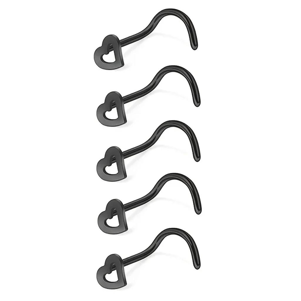 5 Pcs Fashion Hollow Heart Stainless Steel Nose Studs For Women Nostril Piercing Screw Type Body Jewelry