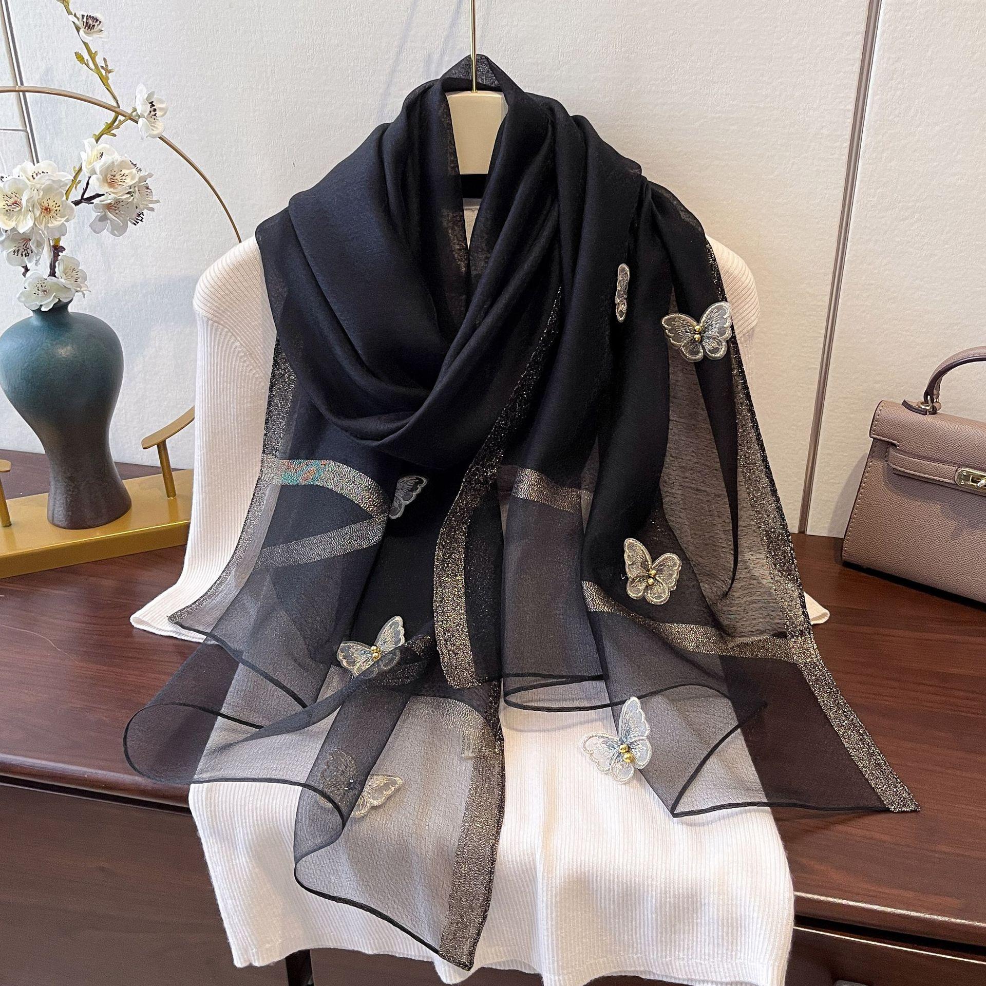 

Новый модный шарф с вышивкой бабочками и бисером для защиты от солнца и ветра, темпераментная шаль, тонкий шарф из искусственного шелка 180*70cm