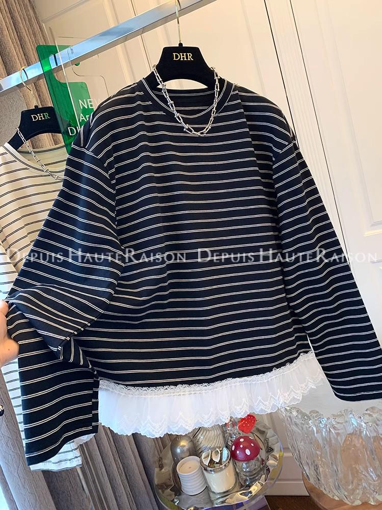 Korean-Style Striped Lace Trim Fake Two-Piece Long-Sleeve Women's T-Shirt