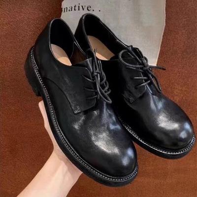 Cuir de cheval lavé~ Cuir véritable rétro Britannique à lacets petites chaussures en cuir pour femmes automne et hiver nouvelles mocassins Derby à talon épais chaussures simples