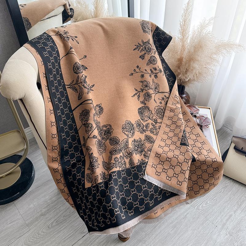 Imitation Cashmere Flowers Retro Simple Texture Printing Double-Sided Warm Scarf Shawl Outer Cover Women