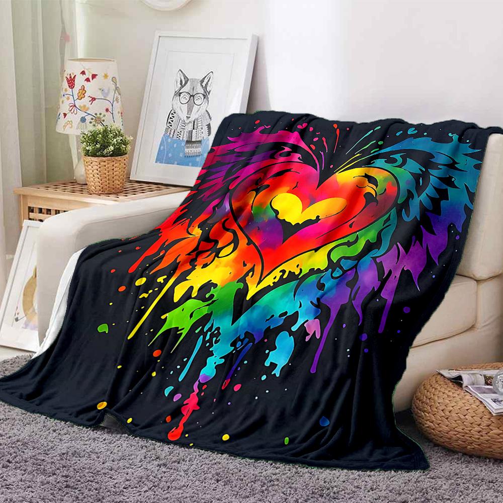1pc Heart Rainbow Lightweight Flannel Blanket, Comfortable and Warm Blanket, for Office and Camping Sofa Bed073