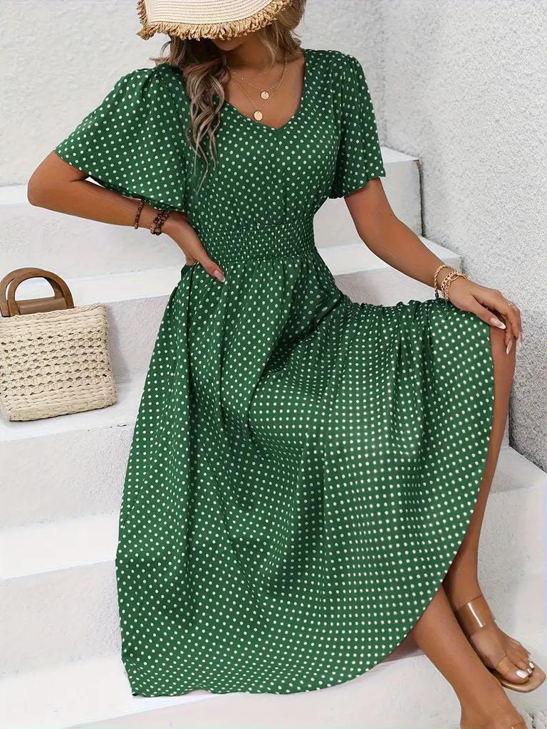 2026 European and American women's clothing spring and summer new express buy hot sale V-neck polka dot pullover casual dress