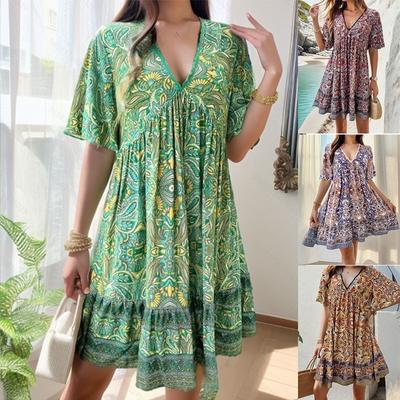 Women's Dress Spring/Summer Vacation Casual Printed Short Sleeve V-neck Dresses