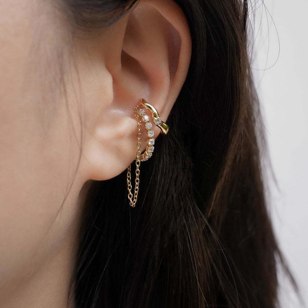 Fashion Double-layer Zircon Tassel Chain Cartilage Clip Earrings Women Gold Plated No Piercing Ear Cuff Luxury Wedding Jewelry