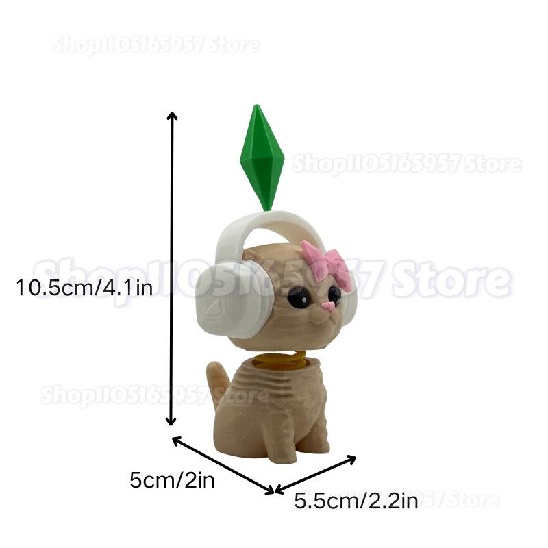 3D Printed Sim-S Cat Figurine With Headphones & Plumbob Decor-Cute Geometric Kitten Statue,Home Desk Decor,Kawaii Accents Gift