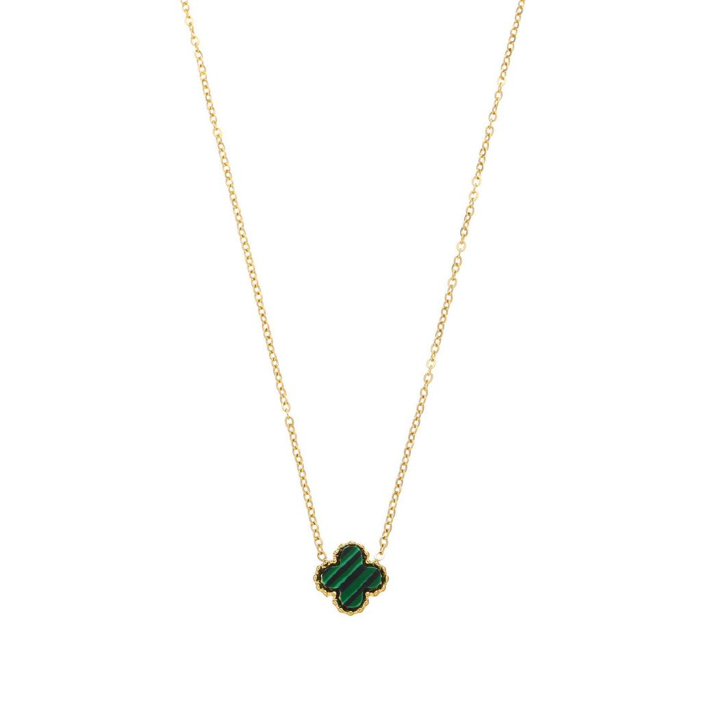 Emerald-Accented Titanium Steel Necklace - Elegant French Leaf Design