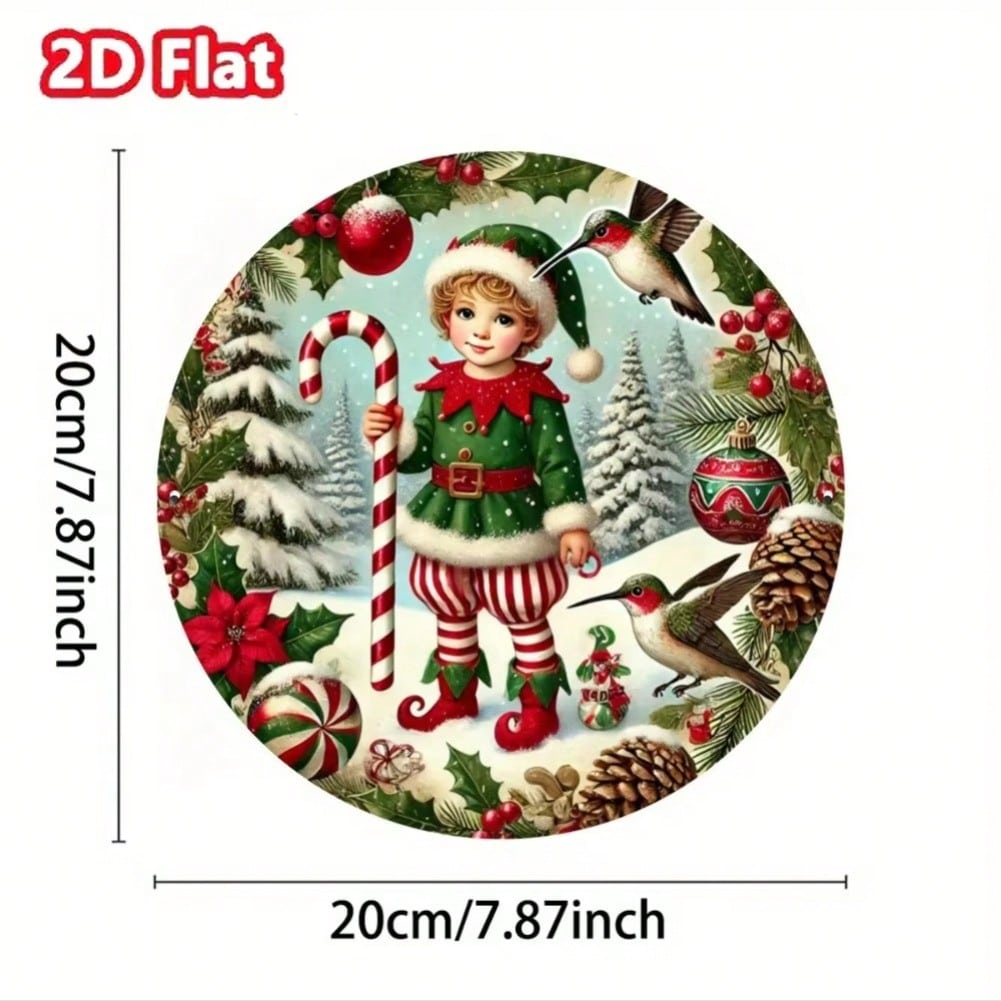 

Christmas Elf Hummingbird Metal Wall Art Round Foil Sign Home Garden Decor 20x20 різнокольоровий