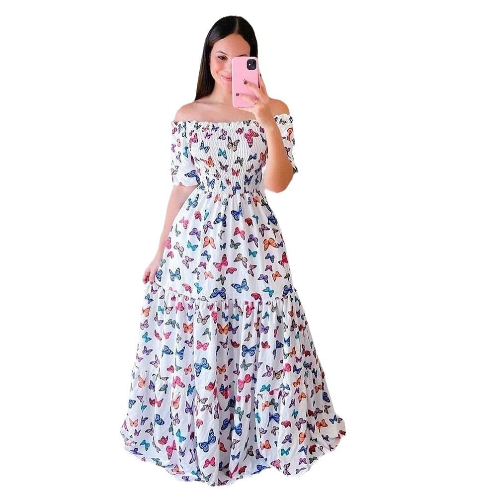 2025 European & American Women's Floral One-Shoulder Long Dress - Spring/Summer Fashion