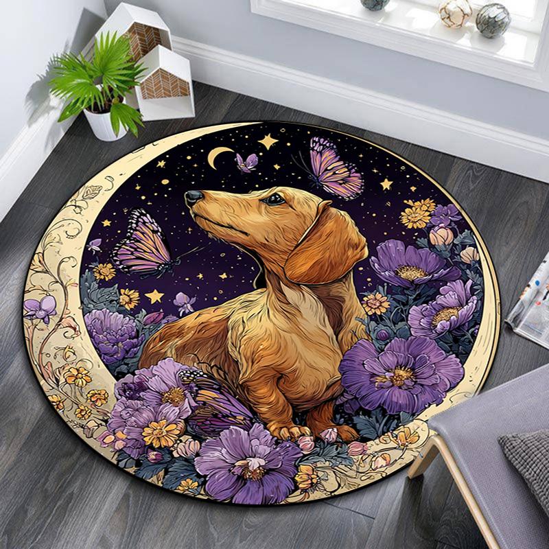 Dachshund Butterflies Round Area Rug,Carpet Rug for Living Room Bedroom Sofa Playroom Decor,Non-slip Floor Mat