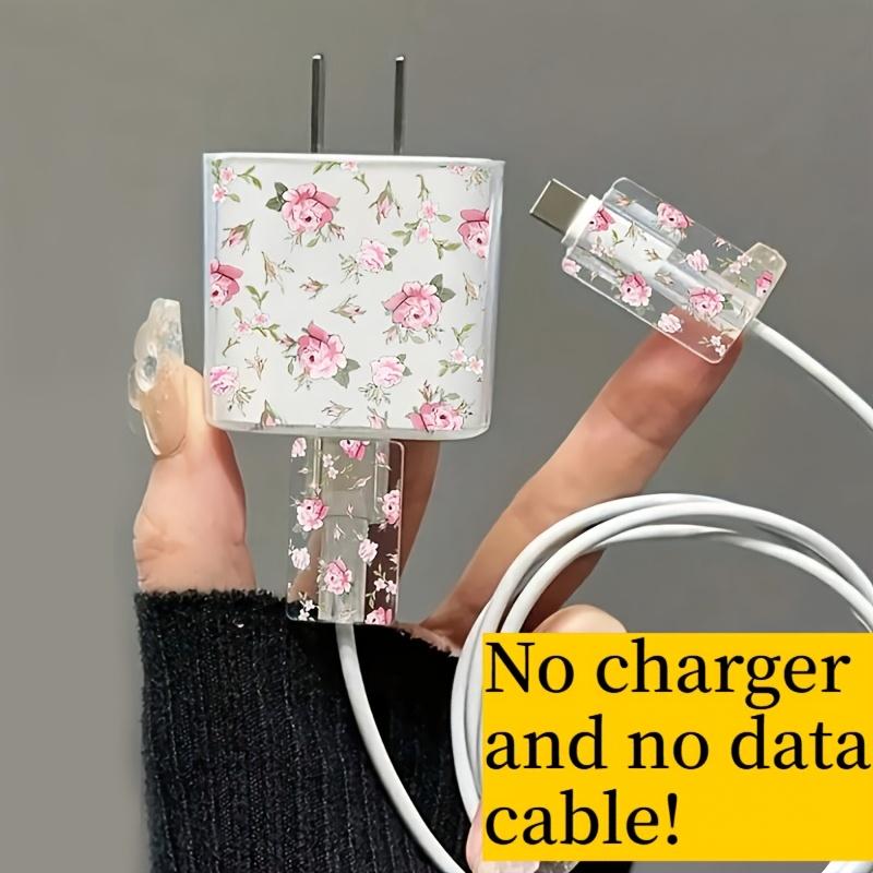 3pcs Set Peony Flower Suitable Charger Protective Cover 20w Data Cable Protective Cover 14 15 Protective Cover Charger Cable 18W Transparent Case 18W/20W розовый