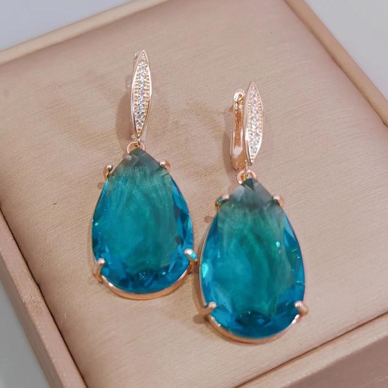 Blue Drop Shape Crystal Zircon Dangle Earrings for Women 2023 New Gold Color Earring Fashion Luxury Party Jewelry Accessories